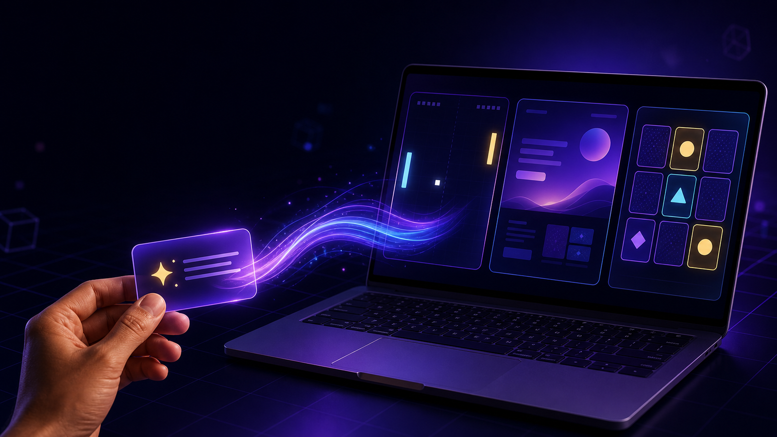 Laptop com jogos e página web criados por inteligência artificial a partir de um prompt