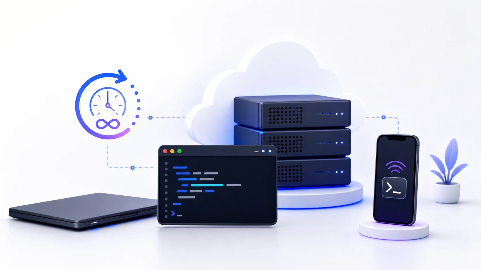 Ilustração minimalista de Claude Code rodando em uma VPS 24 horas por dia com computador desligado